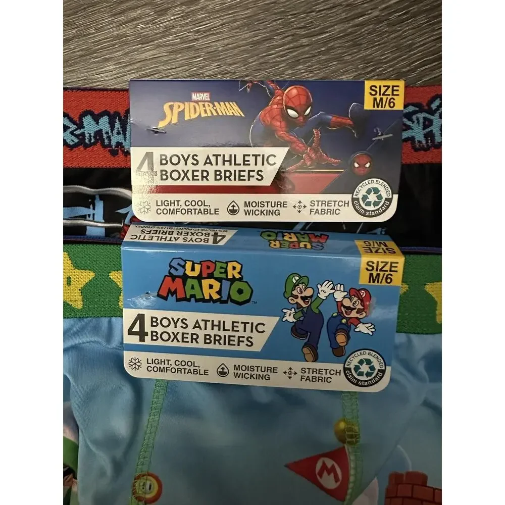 Super Mario Marvel Spider-Man Boxer Briefs Boys 6 Moisture Wicking 2 Packs of 4